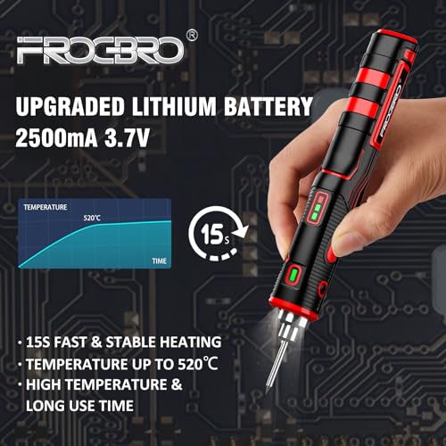 FrogBro Upgrade 11W 2500mAh Cordless Soldering Iron Kit, Max 968℉ Fast Heating Portable, USB Rechargeable High Capacity with Touch Sensor & LED Spotlight - Image 3