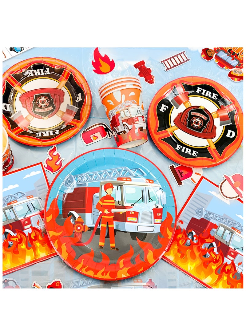 Fire Truck Birthday Party Decoration for 16 Guests, Firefighter Disposable Party Tableware Set Firetruck Balloons Plates Napkins Tablecloth ect Fireman Birthday Party Supplies