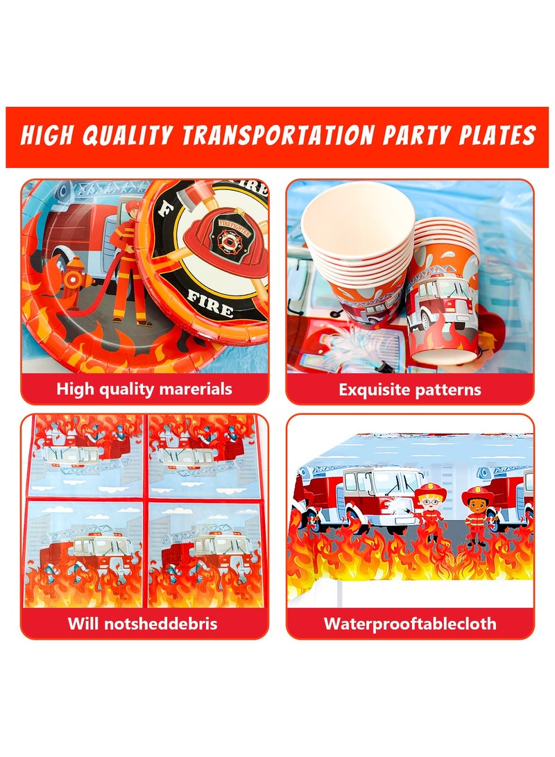 Fire Truck Birthday Party Decoration for 16 Guests, Firefighter Disposable Party Tableware Set Firetruck Balloons Plates Napkins Tablecloth ect Fireman Birthday Party Supplies