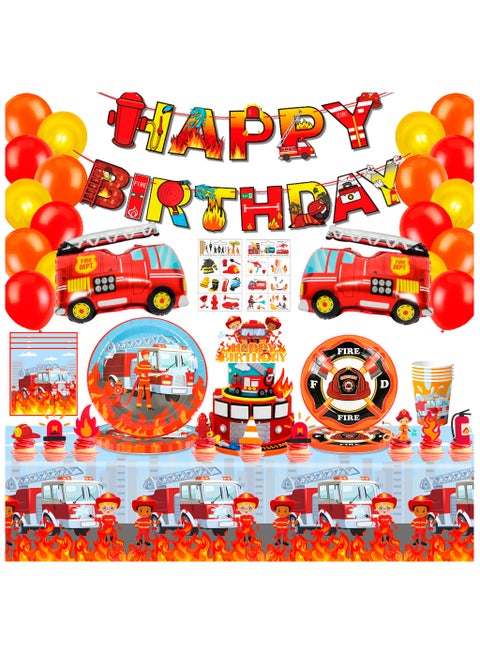 Fire Truck Birthday Party Decoration for 16 Guests, Firefighter Disposable Party Tableware Set Firetruck Balloons Plates Napkins Tablecloth ect Fireman Birthday Party Supplies