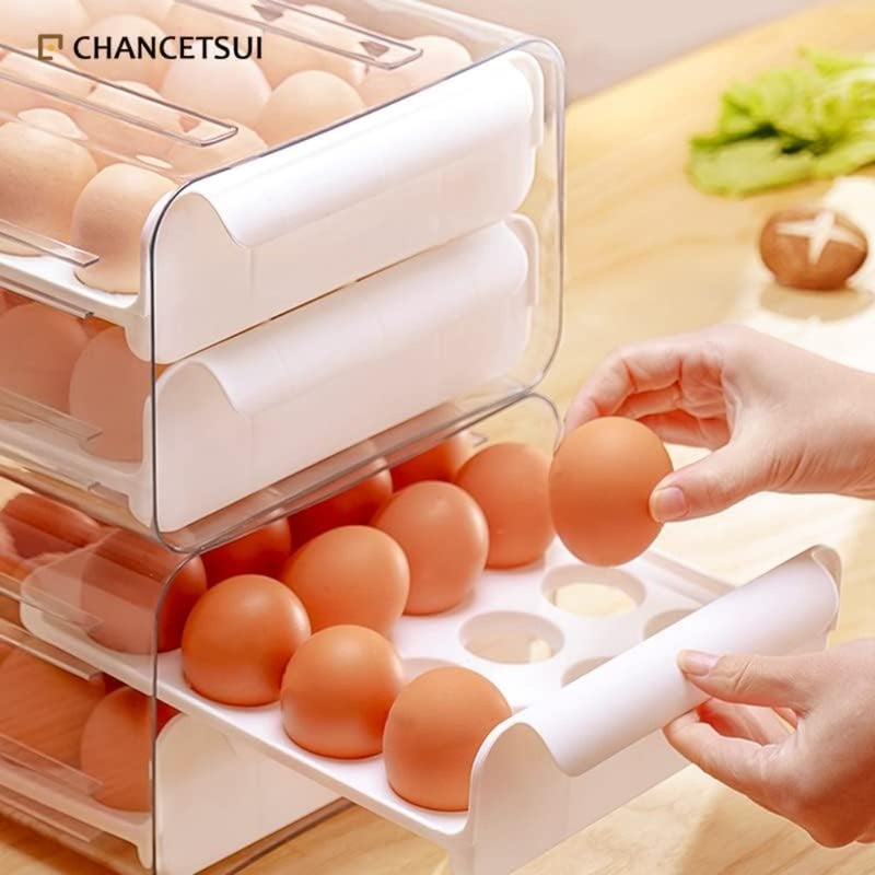 Egg Holder for Refrigerator, Large Capacity Clear Fridge Organizers and Storage, Egg Fresh Storage Box, Plastic Egg Storage Container Organizer Bin, Stackable Eggs Storage Container for Fridge, 2 Layers - Image 5