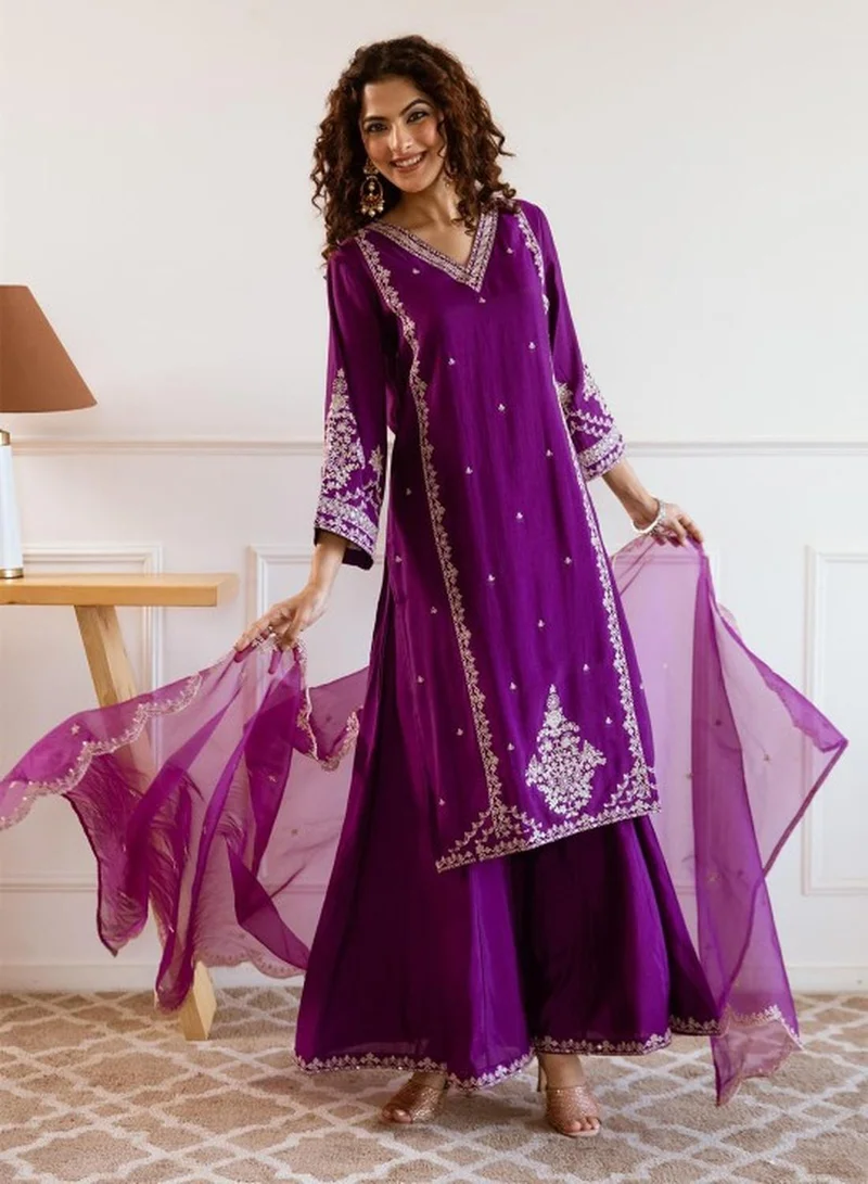 ISHIN Women's Purple Modal Muslin Self Designed Tunic Upper Full Length Palazzo Bottom Regular Fit 3 Piece Kurta Set
