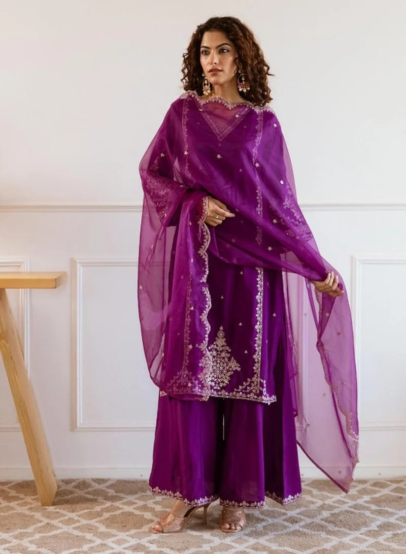 ISHIN Women's Purple Modal Muslin Self Designed Tunic Upper Full Length Palazzo Bottom Regular Fit 3 Piece Kurta Set