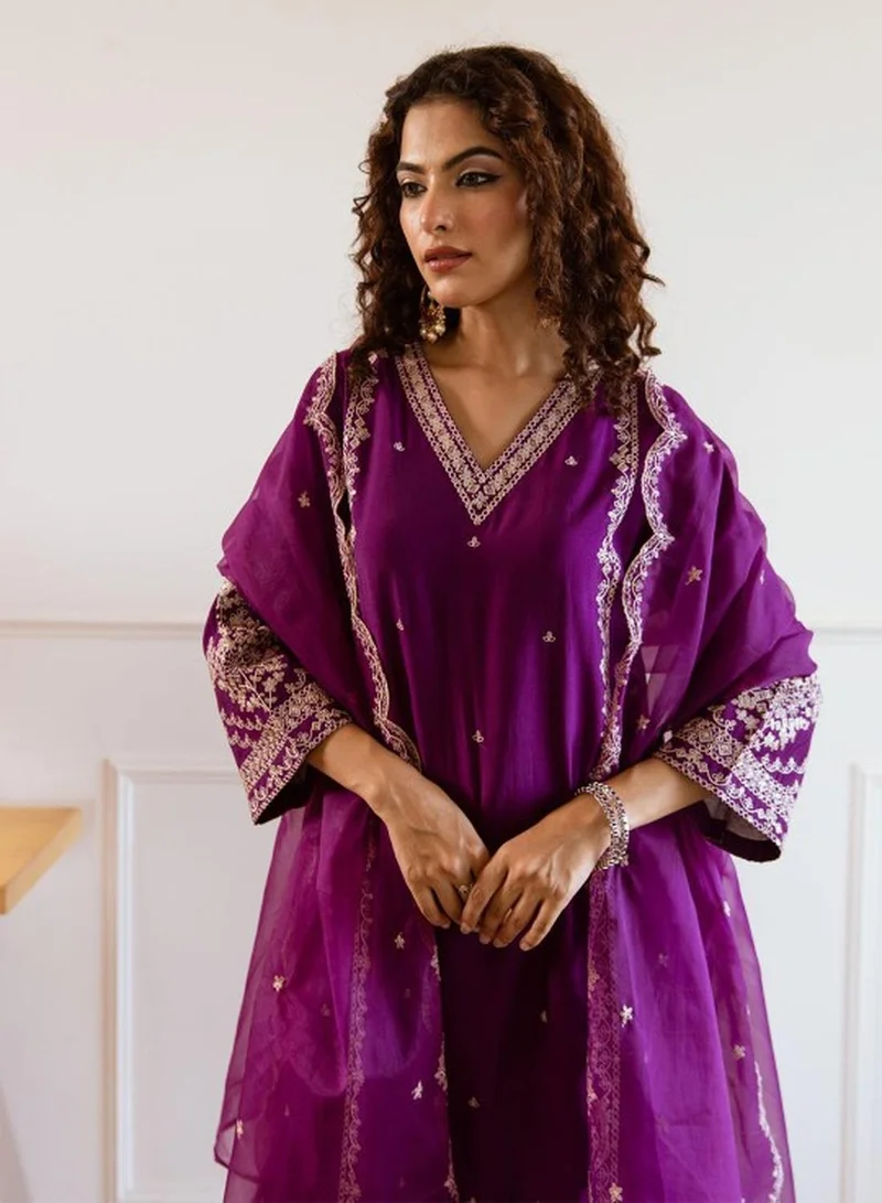 ISHIN Women's Purple Modal Muslin Self Designed Tunic Upper Full Length Palazzo Bottom Regular Fit 3 Piece Kurta Set