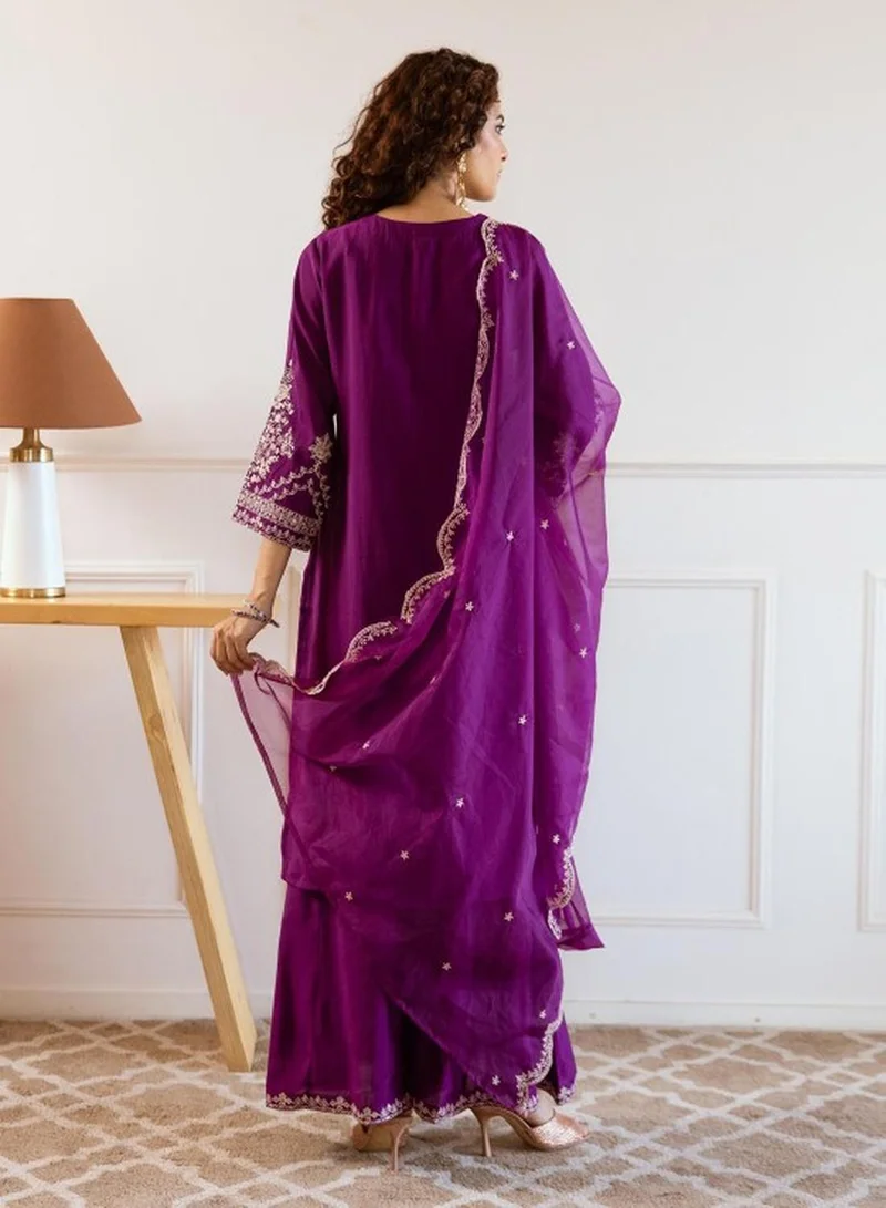 ISHIN Women's Purple Modal Muslin Self Designed Tunic Upper Full Length Palazzo Bottom Regular Fit 3 Piece Kurta Set