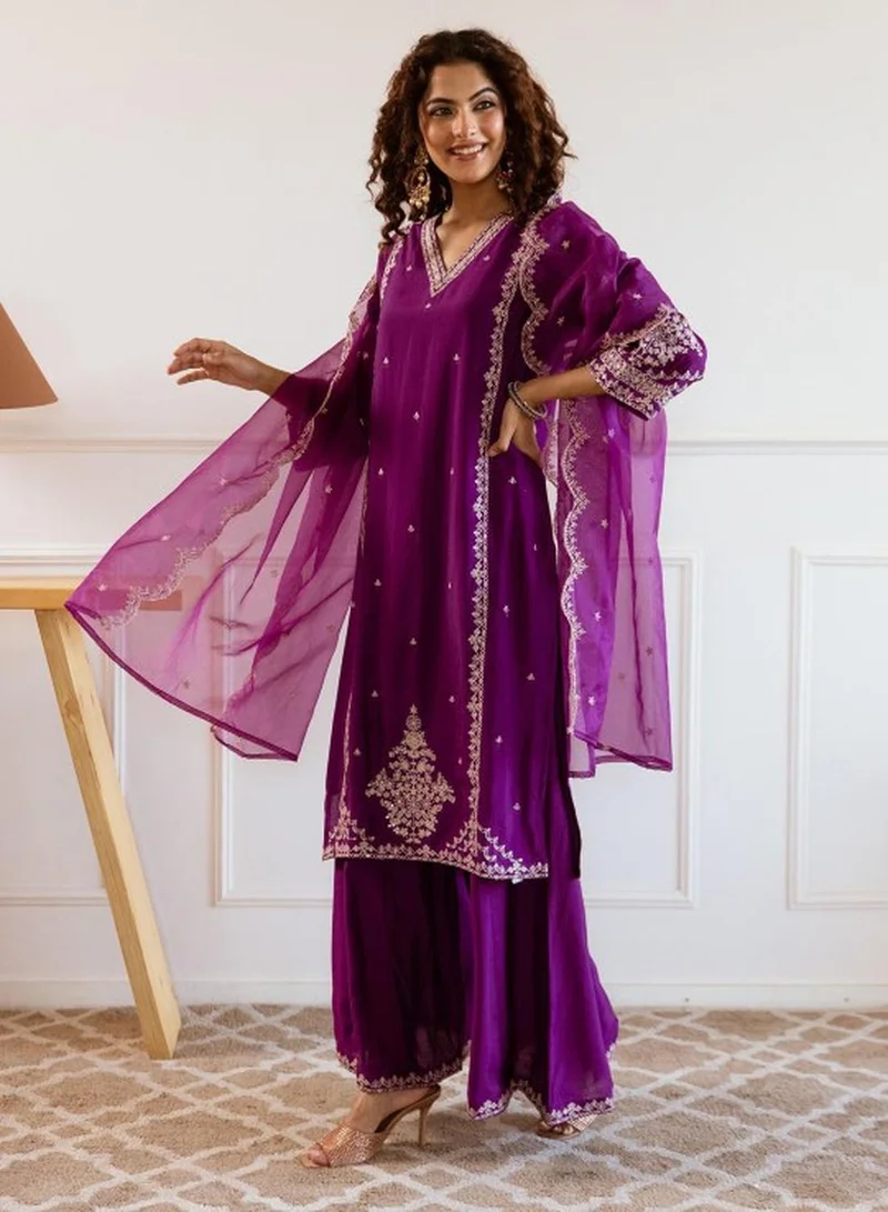 ISHIN Women's Purple Modal Muslin Self Designed Tunic Upper Full Length Palazzo Bottom Regular Fit 3 Piece Kurta Set