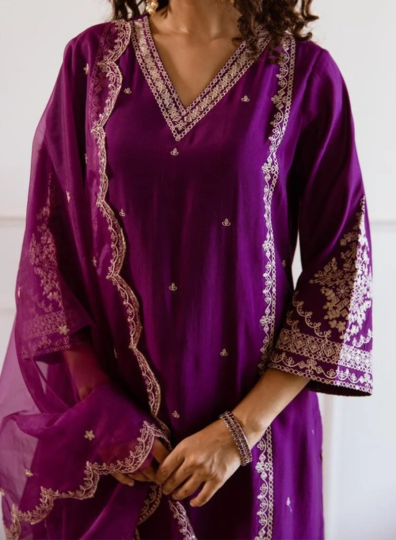 ISHIN Women's Purple Modal Muslin Self Designed Tunic Upper Full Length Palazzo Bottom Regular Fit 3 Piece Kurta Set