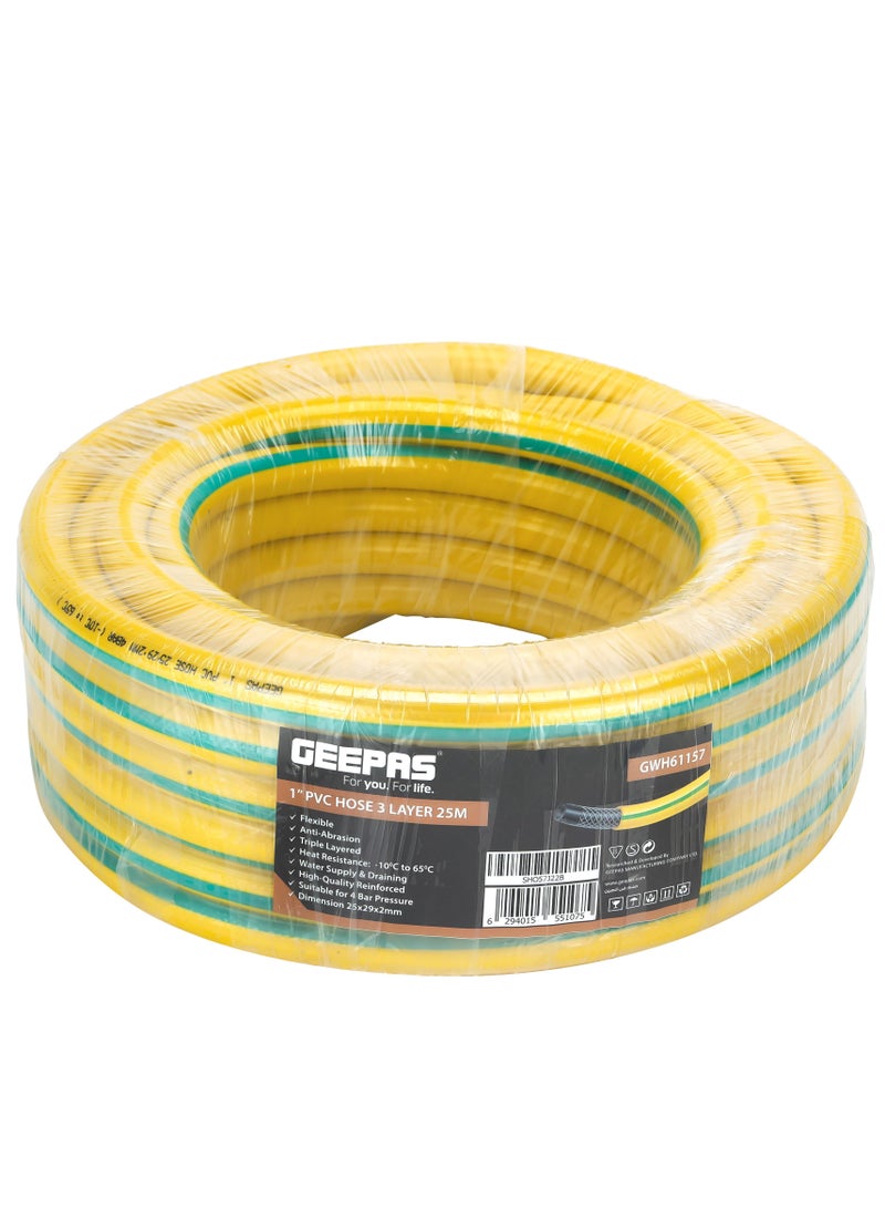 GEEPAS Geepas 1" PVC Hose GWH61157,  25 M, 3 Layer Construction with High Flexibility, Ideal for Water Supply, Gardening, Watering, Cleaning and other Outdoor and Indoor Uses, Suitable for 4 Bar Pressure - Image 1