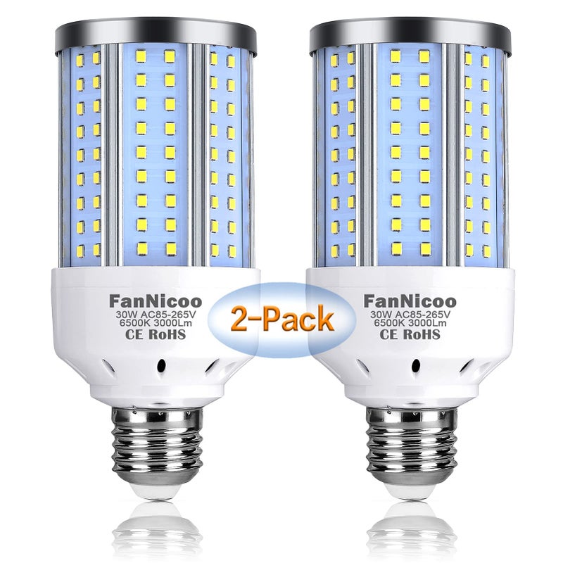 FanNicoo 2-Pack 200W Equivalent LED Corn Light Bulb 3000 Lumen 6500K Cool White Daylight 30W LED Corn Lamp E26/E27 Medium Base for Indoor Outdoor Warehouse Garage Basement Backyard Factory Barn and Many Areas - Image 1
