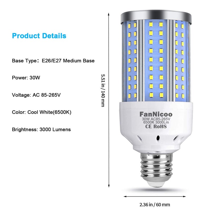 FanNicoo 2-Pack 200W Equivalent LED Corn Light Bulb 3000 Lumen 6500K Cool White Daylight 30W LED Corn Lamp E26/E27 Medium Base for Indoor Outdoor Warehouse Garage Basement Backyard Factory Barn and Many Areas - Image 2
