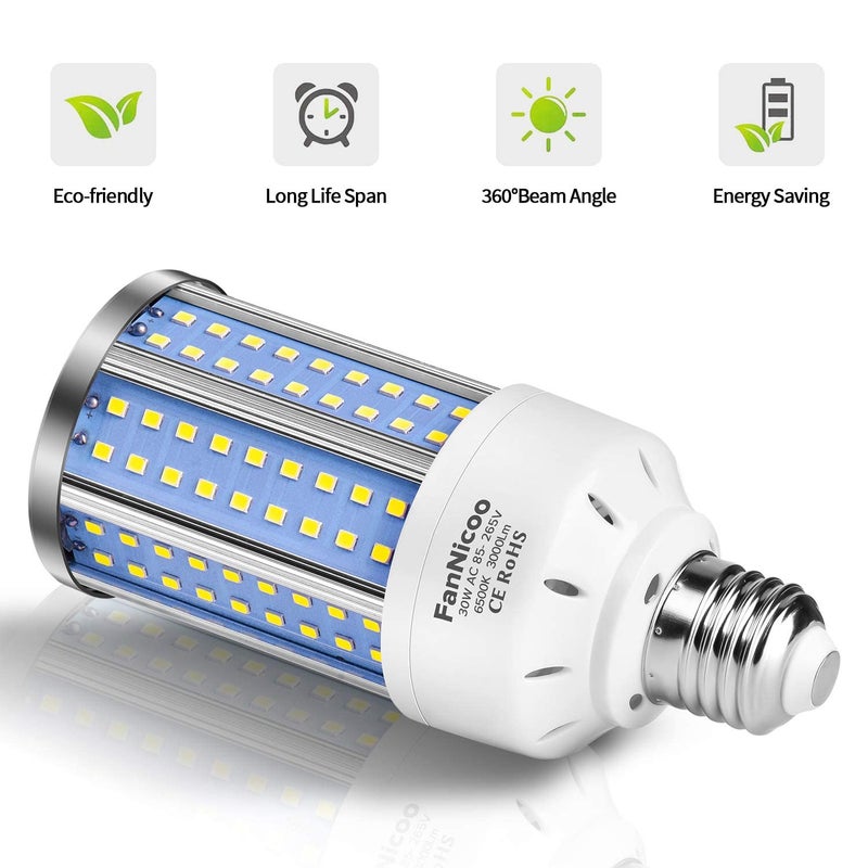 FanNicoo 2-Pack 200W Equivalent LED Corn Light Bulb 3000 Lumen 6500K Cool White Daylight 30W LED Corn Lamp E26/E27 Medium Base for Indoor Outdoor Warehouse Garage Basement Backyard Factory Barn and Many Areas - Image 3