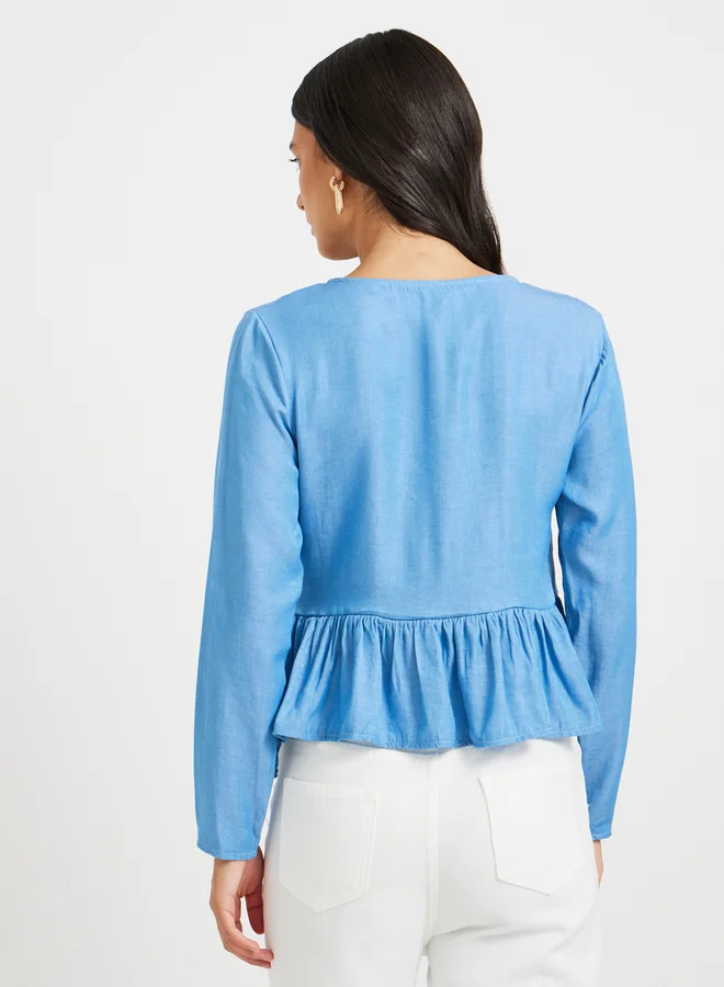 Take Two Solid Long Sleeves Ruffle Hem Wrap Top