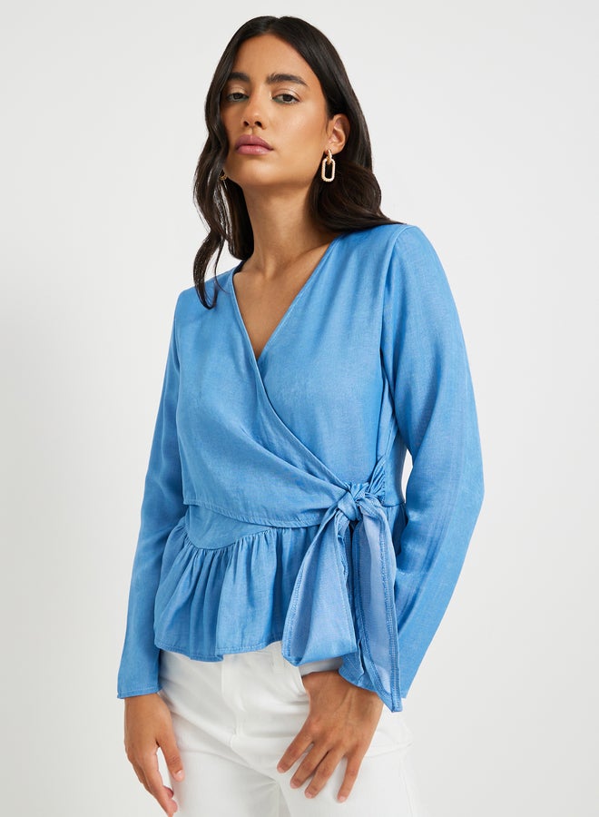 Take Two Solid Long Sleeves Ruffle Hem Wrap Top  - Image 3