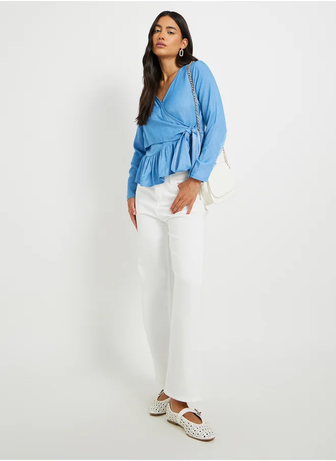ستايلي Solid Long Sleeves Ruffle Hem Wrap Top