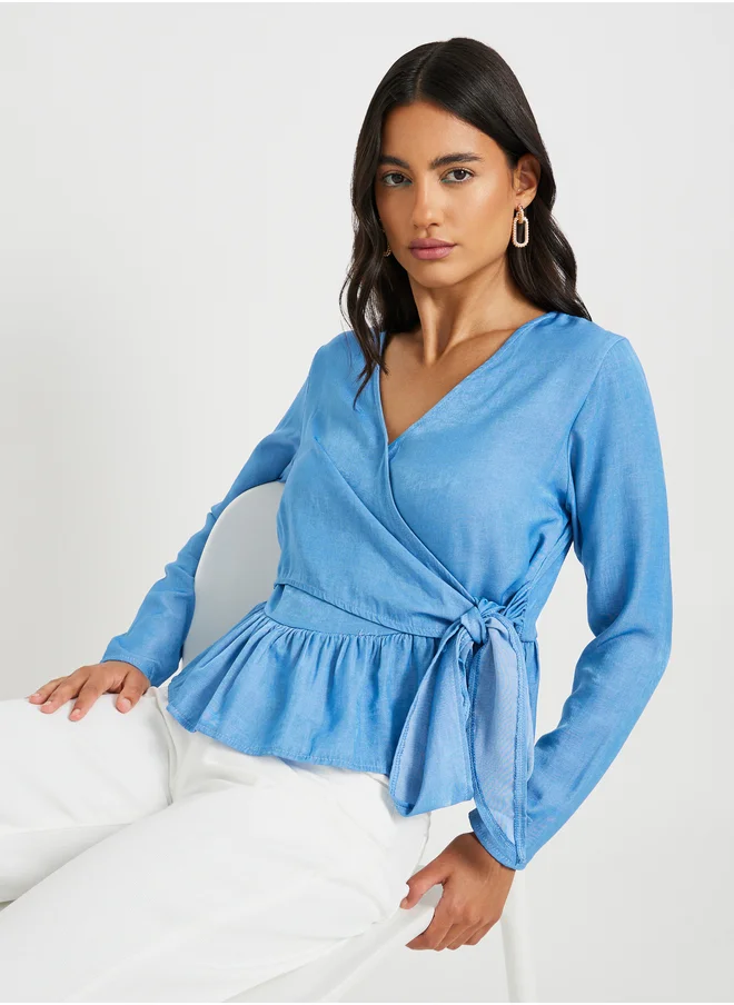 ستايلي Solid Long Sleeves Ruffle Hem Wrap Top