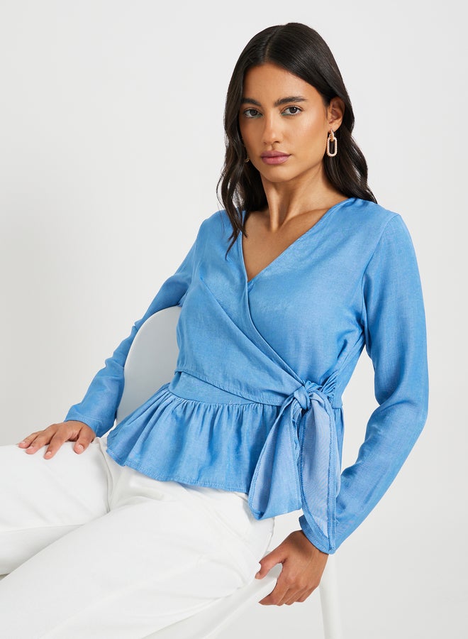 Take Two Solid Long Sleeves Ruffle Hem Wrap Top  - Image 1