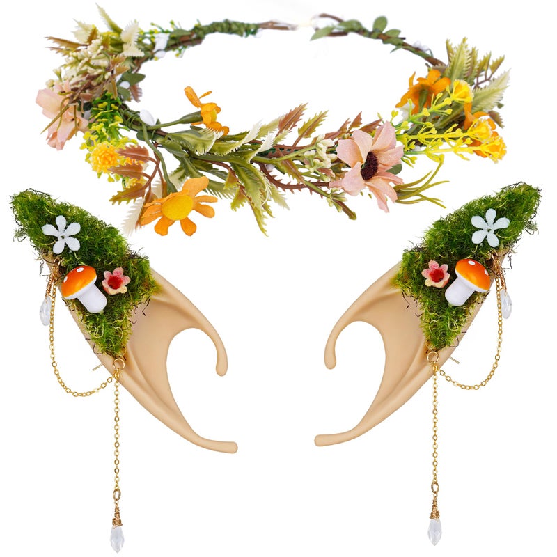 FRESHME Renaissance Mushroom Elf Ears with Crown Butterfly Flower Headpiece Set Fairy Forest Mushroom Pixie Ears and Elf Floral Woodland Crown for Women Renfaire Wedding Halloween Cosplay Bridal Photo Shoot - Image 4