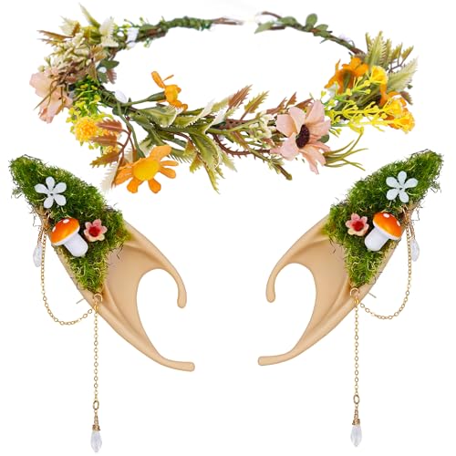 FRESHME Renaissance Mushroom Elf Ears with Crown Butterfly Flower Headpiece Set Fairy Forest Mushroom Pixie Ears and Elf Floral Woodland Crown for Women Renfaire Wedding Halloween Cosplay Bridal Photo Shoot - Image 1