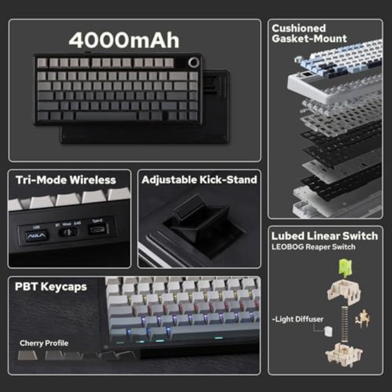 X AULA F75 MAX Tri-Mode Wireless Gaming Keyboard TFT Screen Knob Hot Swappable 2.4GHz Type-C BT5.0 Gasket Creamy for PC Mac Office Gaming Black Gradient - Image 2