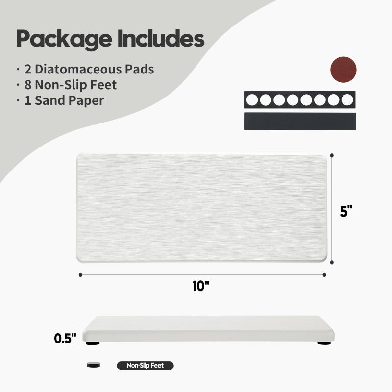 Razborci 2PCS 10"x 5" Large Bathroom Sink Vanity Trays, Water Absorbing Diatomite Stone Quick Drying Mat for Kitchen Counter, Dish Rack Dispensers Sponge Holder Caddy Organizer, White, 10"x 5" - Image 2