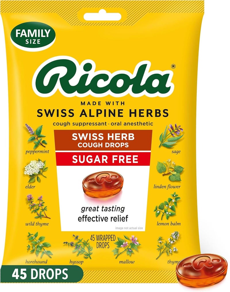 Ricola ريكولا حبوب السعال الخالية من السكر بالأعشاب السويسرية 45 حبة مثبط للسعال قطرات مهدئة للحلق بنكهة مريحة من المنثول المستخرج طبيعياً لتخفيف السعال وتهيج الحلق - Image 1