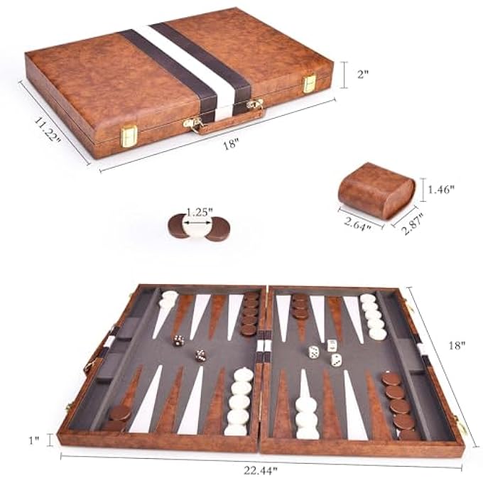 AMEROUS Backgammon Set 18 Inches Classic Board Game withLeather Case Folding Board Gift Package Portable Travel Strategy Backgammon Game Set for Adults Kids Large Brown - Image 3