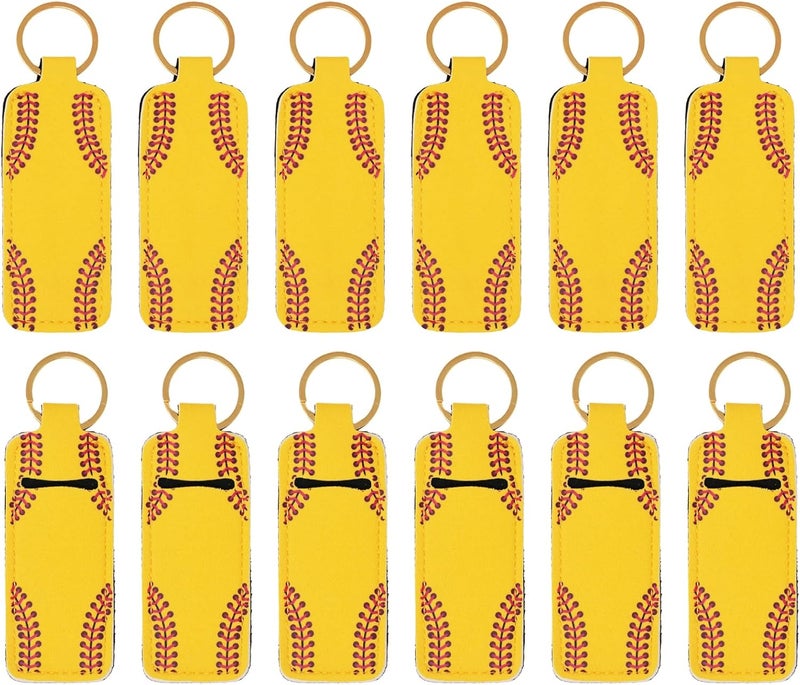 HONBAY Honbay 12PCS Softball Pattern Chapstick Holder Keychain Lip Balm Holder Lipgloss Holder Lipstick Holder Clip-on Sleeve Pouch for Travle or Daily Outing for Women and Girls Handbags Backpacks, Yellow