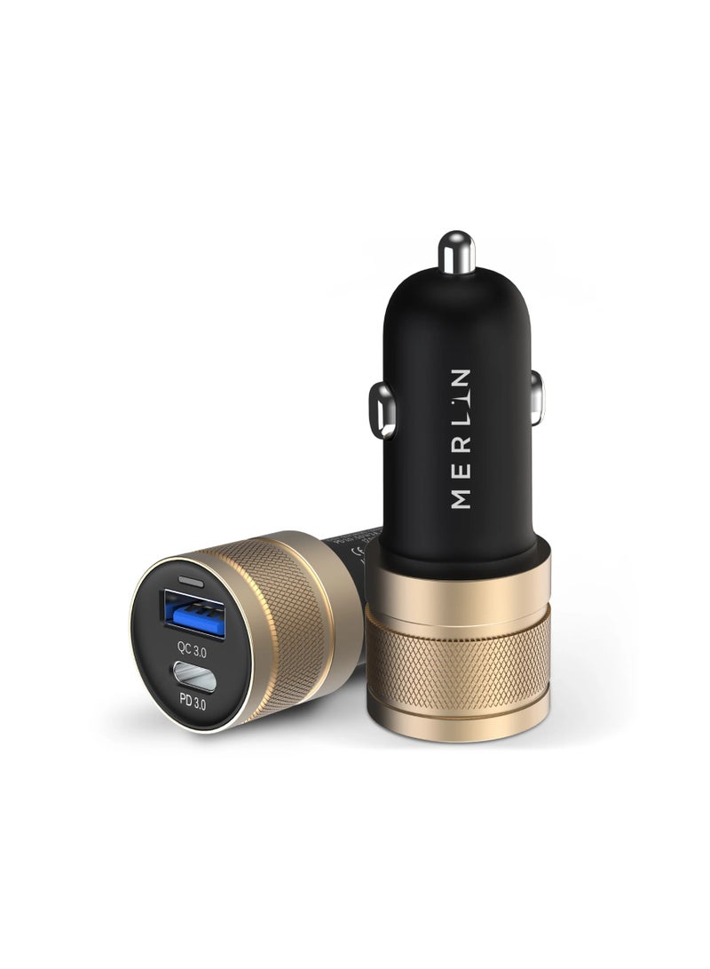 Merlin PD 30W Dual Output Car Charger — USB-C PD 30W + USB-A QC 30W, Aluminium Alloy, Anti-Squid Design, Input 12–24V — Fast Charge for Phones, Tablets & Laptops