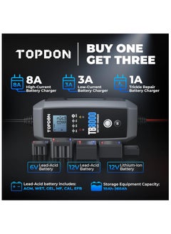 Topdon TOPDON 8A/3A/1A Car Battery Charger Automotive with Voltage Detection, 12V/6V TB8000 Automatic Battery Maintainer, Lead-Acid & Lithium, LiFePO4 Batteries,Trickle Charger, Float Charger, Storage Bag  - Image 2
