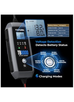 Topdon TOPDON 8A/3A/1A Car Battery Charger Automotive with Voltage Detection, 12V/6V TB8000 Automatic Battery Maintainer, Lead-Acid & Lithium, LiFePO4 Batteries,Trickle Charger, Float Charger, Storage Bag  - Image 3