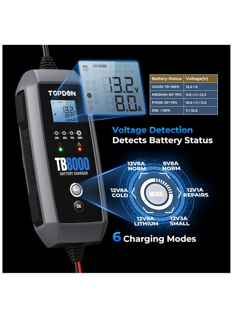 توب دون شاحن بطارية سيارة TOPDON 8A/3A/1A مع خاصية الكشف عن الجهد، وصيانة تلقائية للبطارية TB8000 12V/6V، وبطاريات الرصاص الحمضية والليثيوم، وبطاريات LiFePO4، وشاحن بطيء، وشاحن عائم، وحقيبة تخزين - Image 3