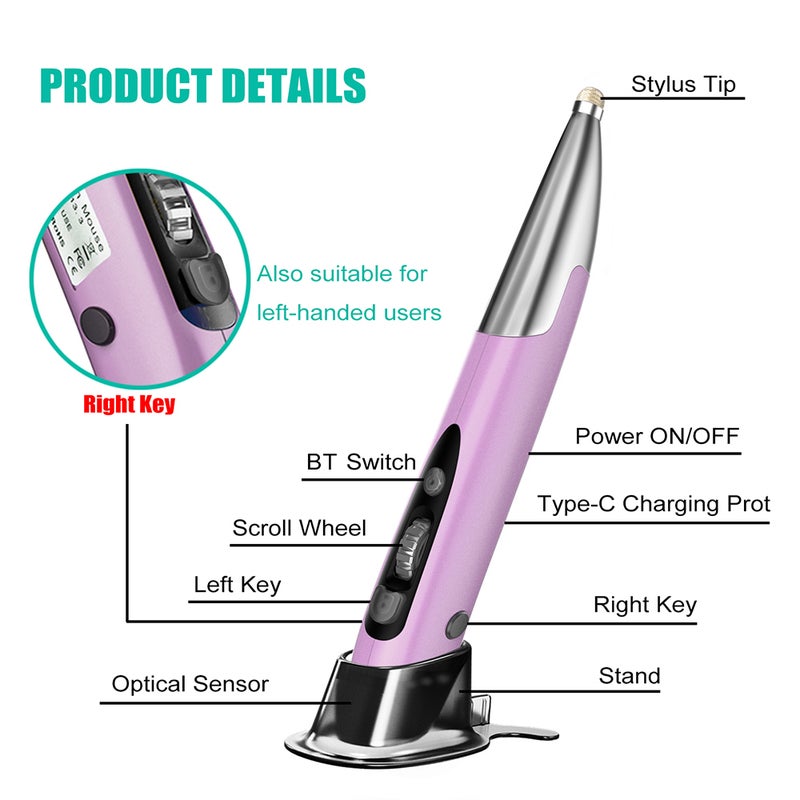 Three Mode 2.4G+BT3.0+5.0 Wireless Optical Pen 800/1200/1600DPI Rechargeable Pocket Pen for PC Laptop Computer Grey - Image 4