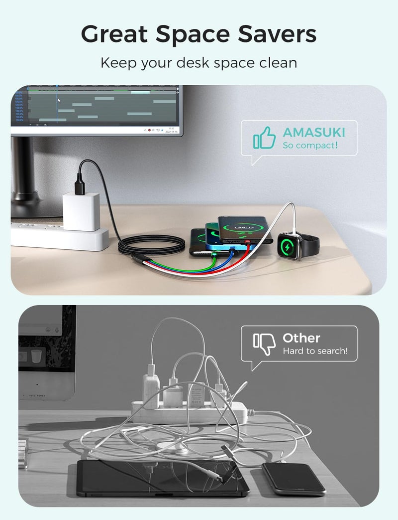 Amasuki Travel Essentials,4 in 1 for Apple Watch Charger/iPhone Charger/Multi Charging Cable,2026 Cruise Vacation Essentials,USB C/L/Micro Portable Charger for iWatch 11-1/iPhone 17-12,Car,eBook Reader-4FT - Image 3