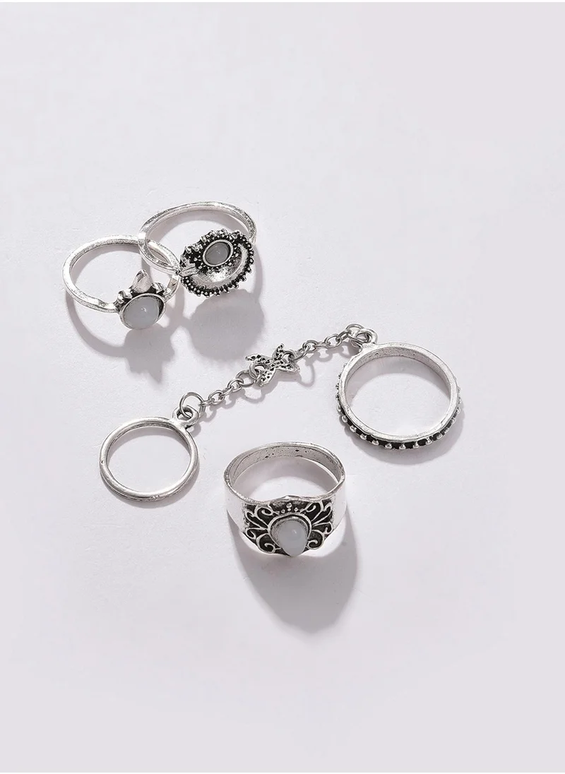 SOHI Set of 4 Oxidised White Stone-Studded Finger Ring