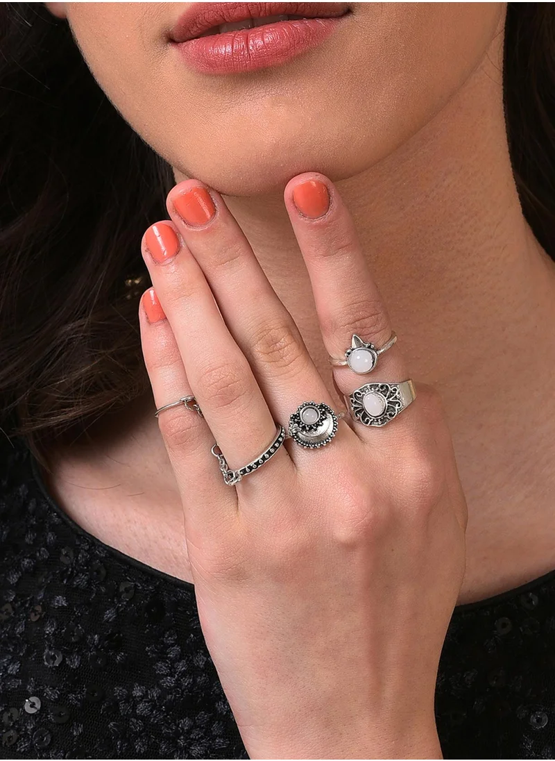 SOHI Set of 4 Oxidised White Stone-Studded Finger Ring