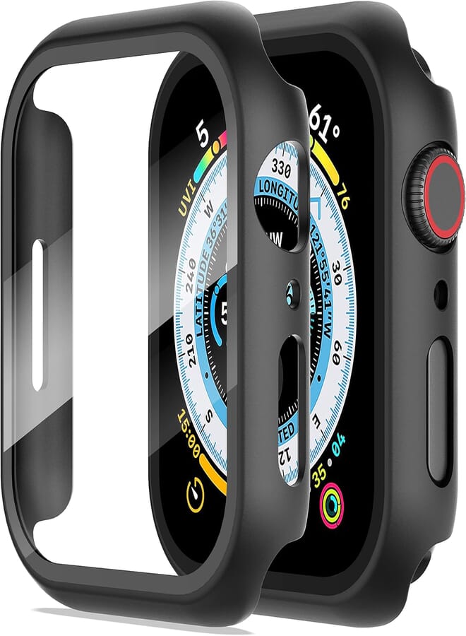 Diruite Apple Watch Series 9/8/7 45mm Case with Built-in 9H Tempered Glass Screen Protector, Black