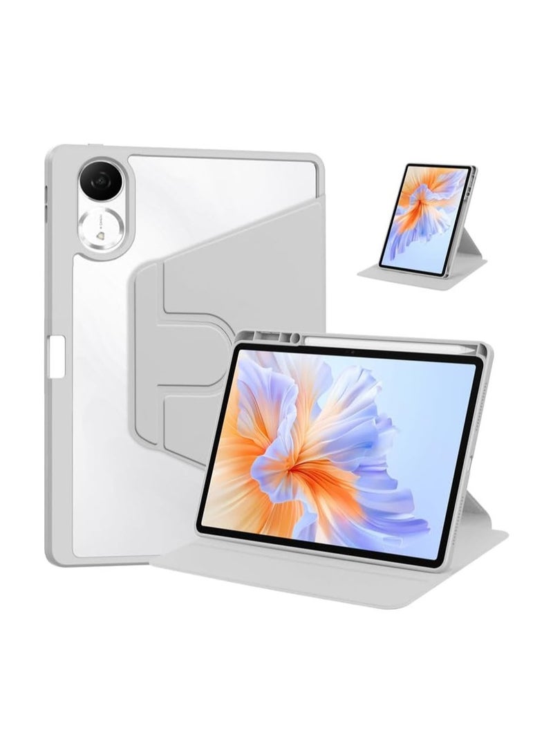 حافظة لجهاز Xiaomi Redmi Pad 2 بحجم 11 بوصة 2025، حافظة جلدية ذكية مع خاصية الاستيقاظ/النوم التلقائي، غطاء حامل دوار 360° مع ظهر أكريليك شفاف وحامل قلم (رمادي) - Image 1