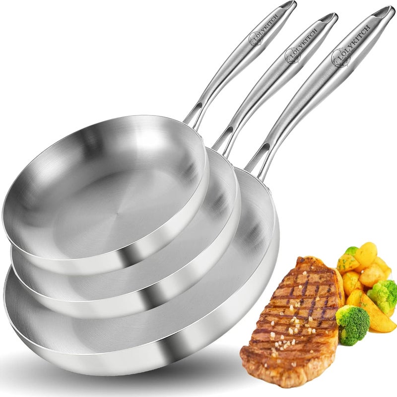 LOLYKITCH 8+10+12 Inch Tri-Ply Stainless Steel Frying Pan Setâ€“ Professional Skillet Fast & Even Heating, Induction & Oven Safe Cookware for Modern Home Kitchens, Detachable Handle - Image 1
