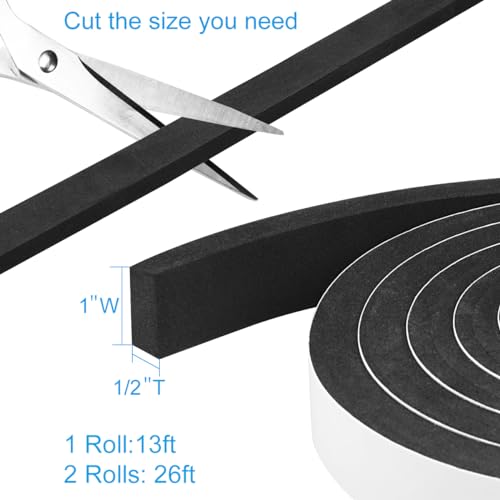 YIJUHOU Seal Foam Tape, 2 Rolls 1 Inch W x 1/2 Inch T Weather Stripping for Door and Window,High Density Single Sided Closed Cell Door Insulation Weather Strip, 2 Rolls Total 13FT Black - Image 2