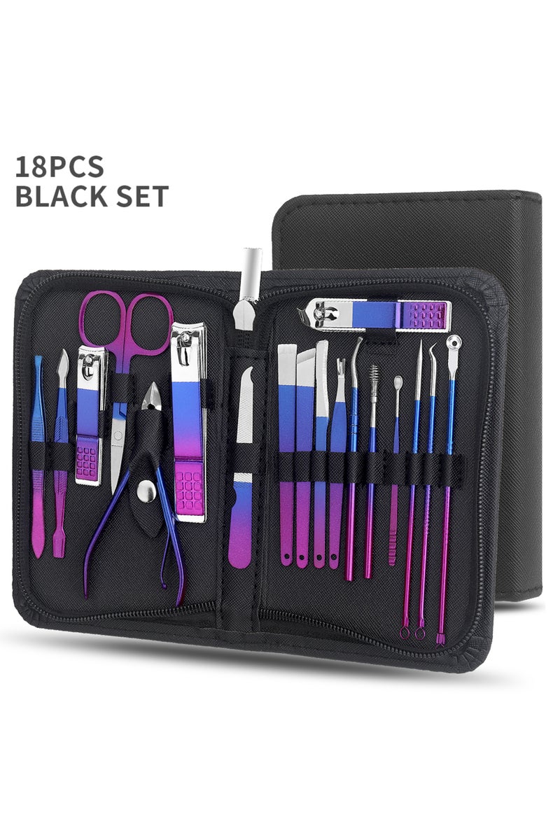18 pcs in 1 Manicure Set, Stainless Steel Gradient Professional Pedicure Kit Nail Scissors Grooming