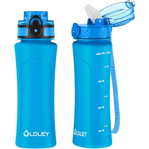 OLDLEY OLDLEY Kids Water Bottle for School with Straw Chug Lid 15 oz Unbreakable LeakProof BPAFree Motivational Water Bottles with Time Marker for Travel Sports Gym 2 Lids Blue 