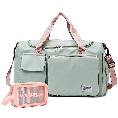 DOJUNS Gym Bag, Foldable Overnight & Travel Duffel for Women - Dance & Hospital Bag with Wet Pocket, Shoes Compartment & Toiletry Kit (Green) - Image 1