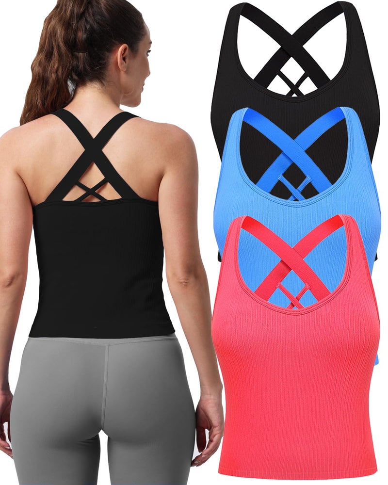 Evercute Workout Yoga Crop Tank Tops for Women 1/2/3 Pack Criss Cross Strappy Tops with Built in Bra Ribbed Seamless Tanks - Image 1