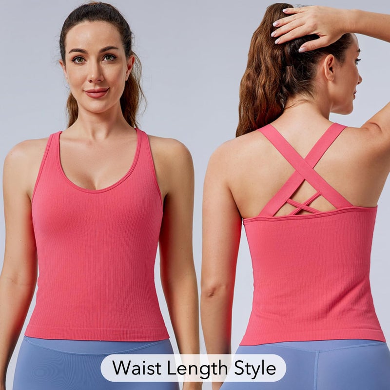 Evercute Workout Yoga Crop Tank Tops for Women 1/2/3 Pack Criss Cross Strappy Tops with Built in Bra Ribbed Seamless Tanks - Image 2