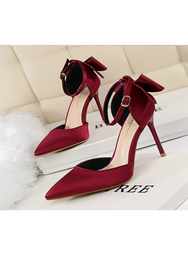 بيج تري Sweet Women Shoes Stiletto Heels High Hels Shallow Cut Pointed Shoes Satin Bow line High Heel Sandals 10cm - Image 3