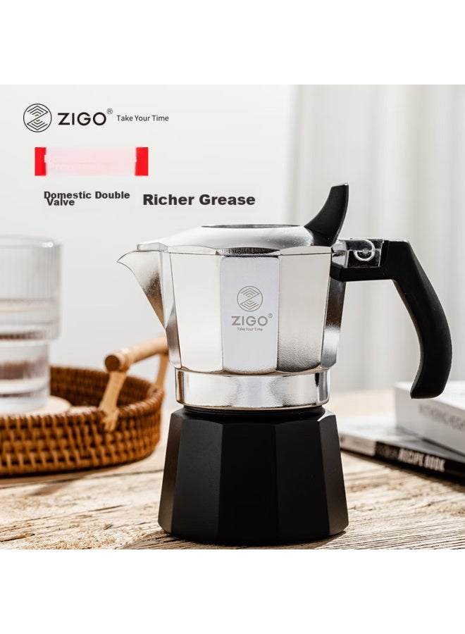 Zigo Dual-valve Moka Pot Coffee Maker For Home Use, Italian-style Coffee Pot With 2 Cups Capacity, Dual-valve 2-cup Silver And Black - Image 1