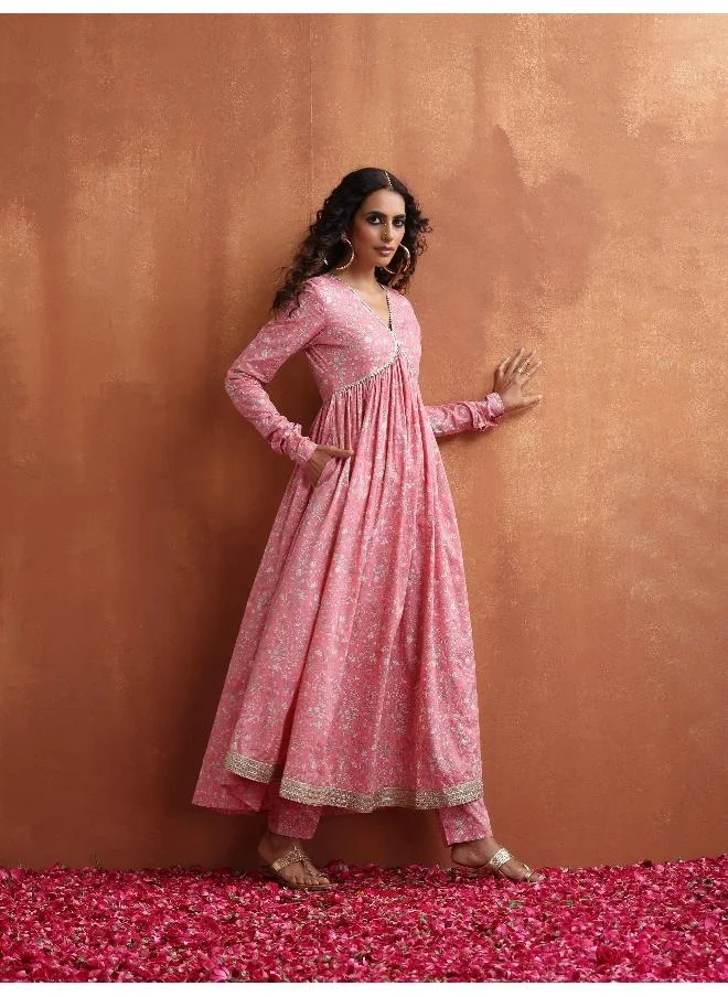 trueBrowns Pink Print Flared Anarkali Kurta Set