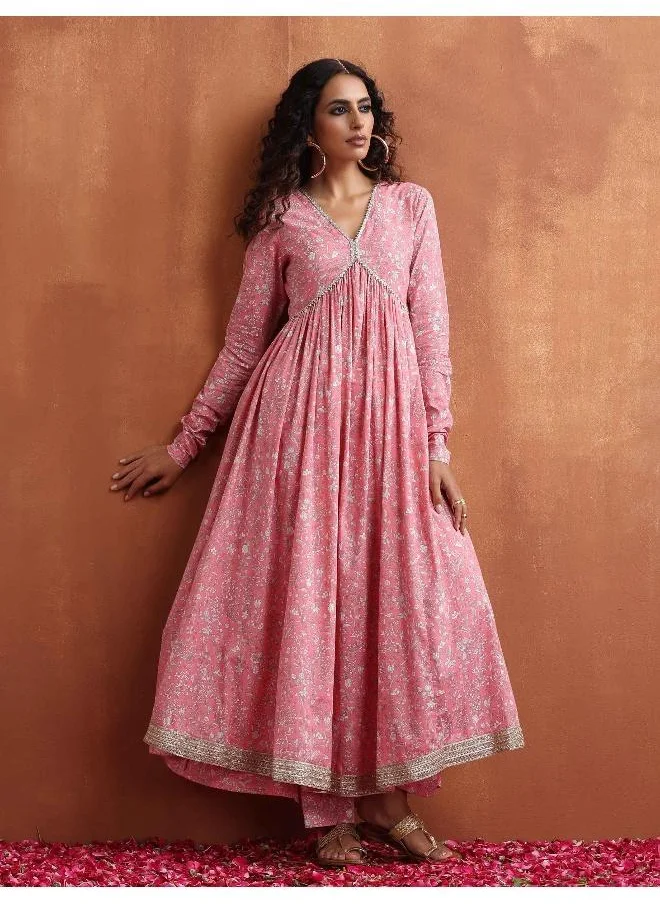 trueBrowns Pink Print Flared Anarkali Kurta Set