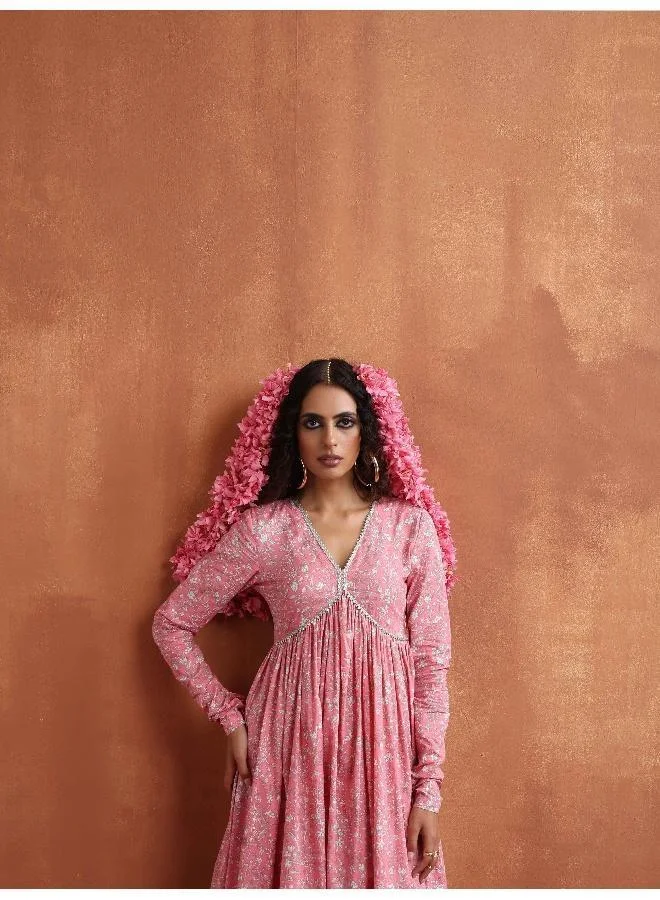 trueBrowns Pink Print Flared Anarkali Kurta Set