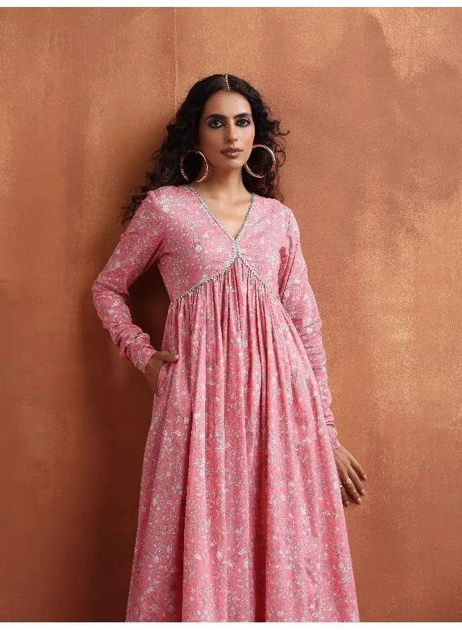 trueBrowns Pink Print Flared Anarkali Kurta Set